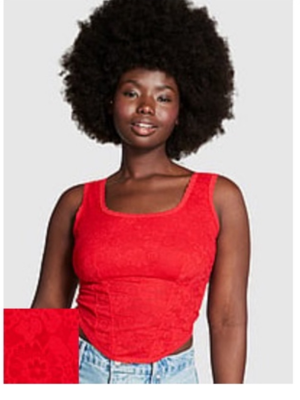 PINK Red Floral Lace Cinched Corset Top